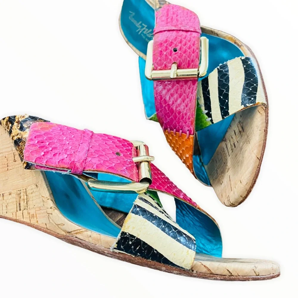 Beverly Feldman 80’s Karena Mixed Print Colorful Belted Cork Wedges‎ Size 7